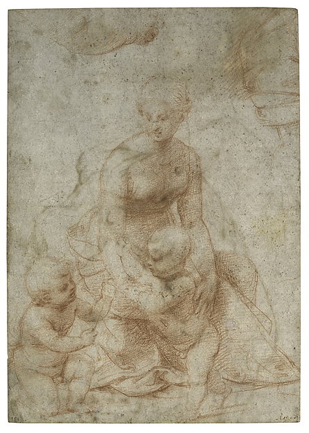 Madonna and Child with the Infant Saint John the Baptist; upper left, Study for the Right Arm of the Infant Saint John; upper right, Study for Drapery (recto); Study of a Nude Male Figure (verso)